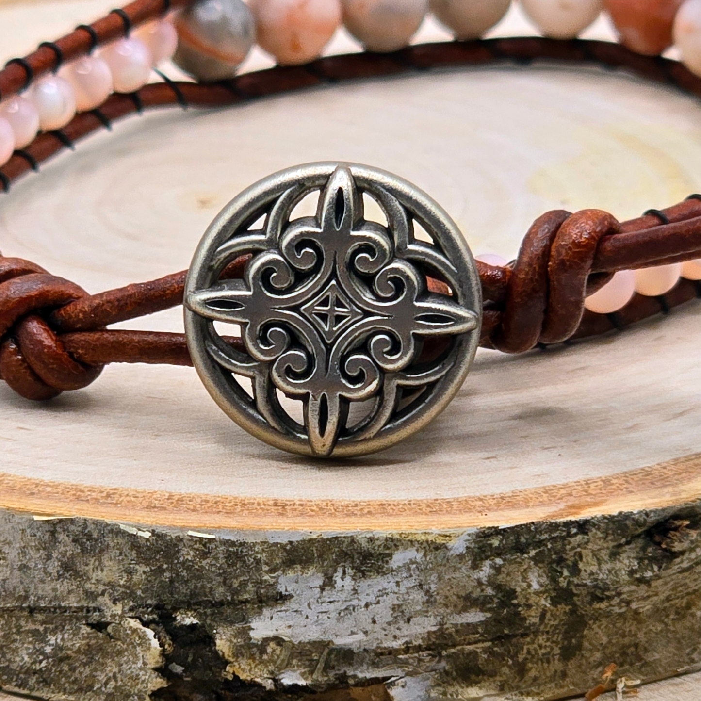 Zebra jasper and mother of pearl graduated single wrap leather bracelet - $25.00 - Moon Cabin Creations