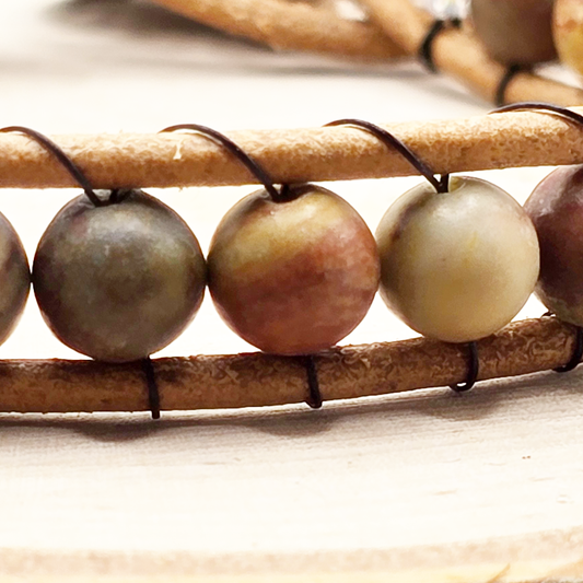 Chinese rainbow jasper single wrap leather bracelet - $25.00 - Moon Cabin Creations
