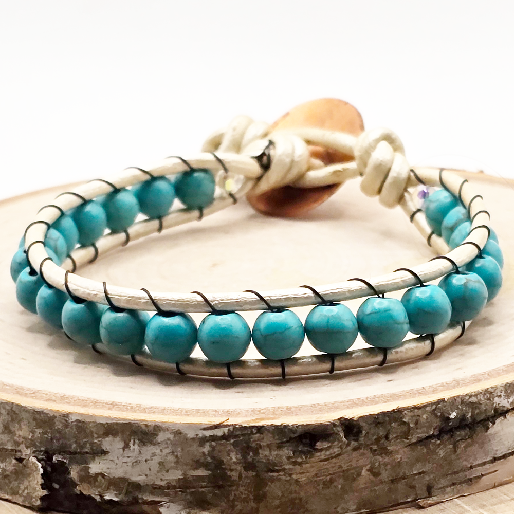 Turqouise dyed howlite single wrap leather bracelet
