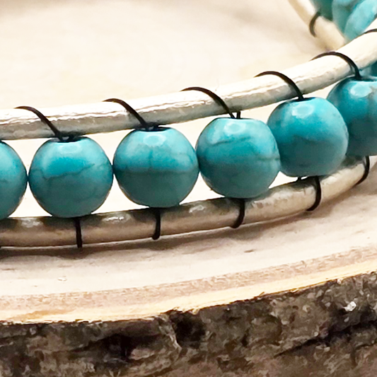 Turqouise dyed howlite single wrap leather bracelet - $25.00 - Moon Cabin Creations
