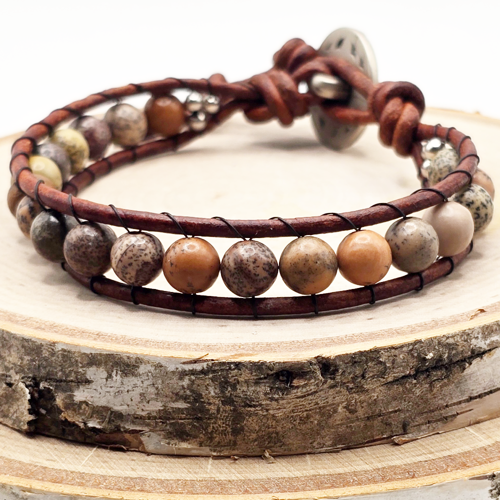 Picture jasper single wrap leather bracelet
