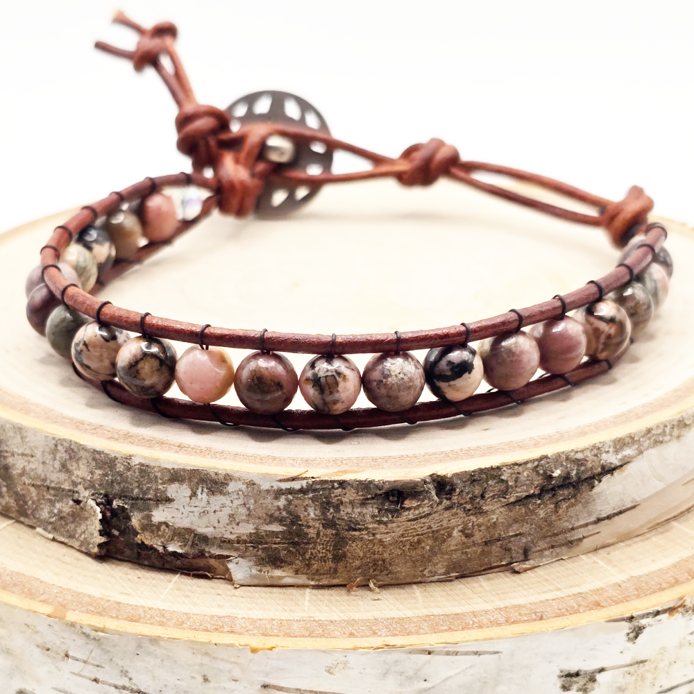 Rhodonite single wrap leather bracelet
