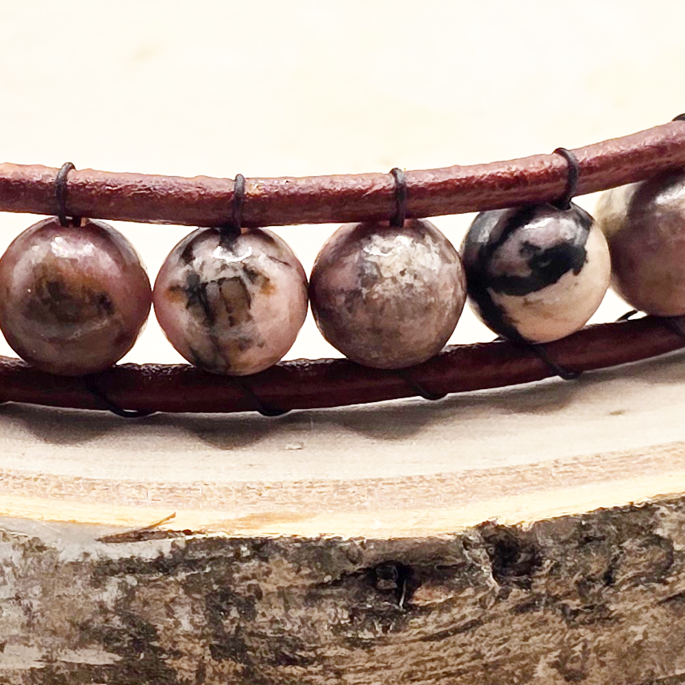 Rhodonite single wrap leather bracelet