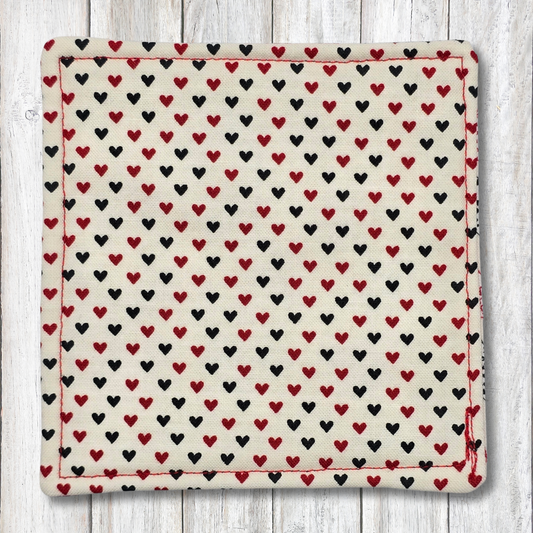 Red and black heart fabric coasters - Moon Cabin Creations