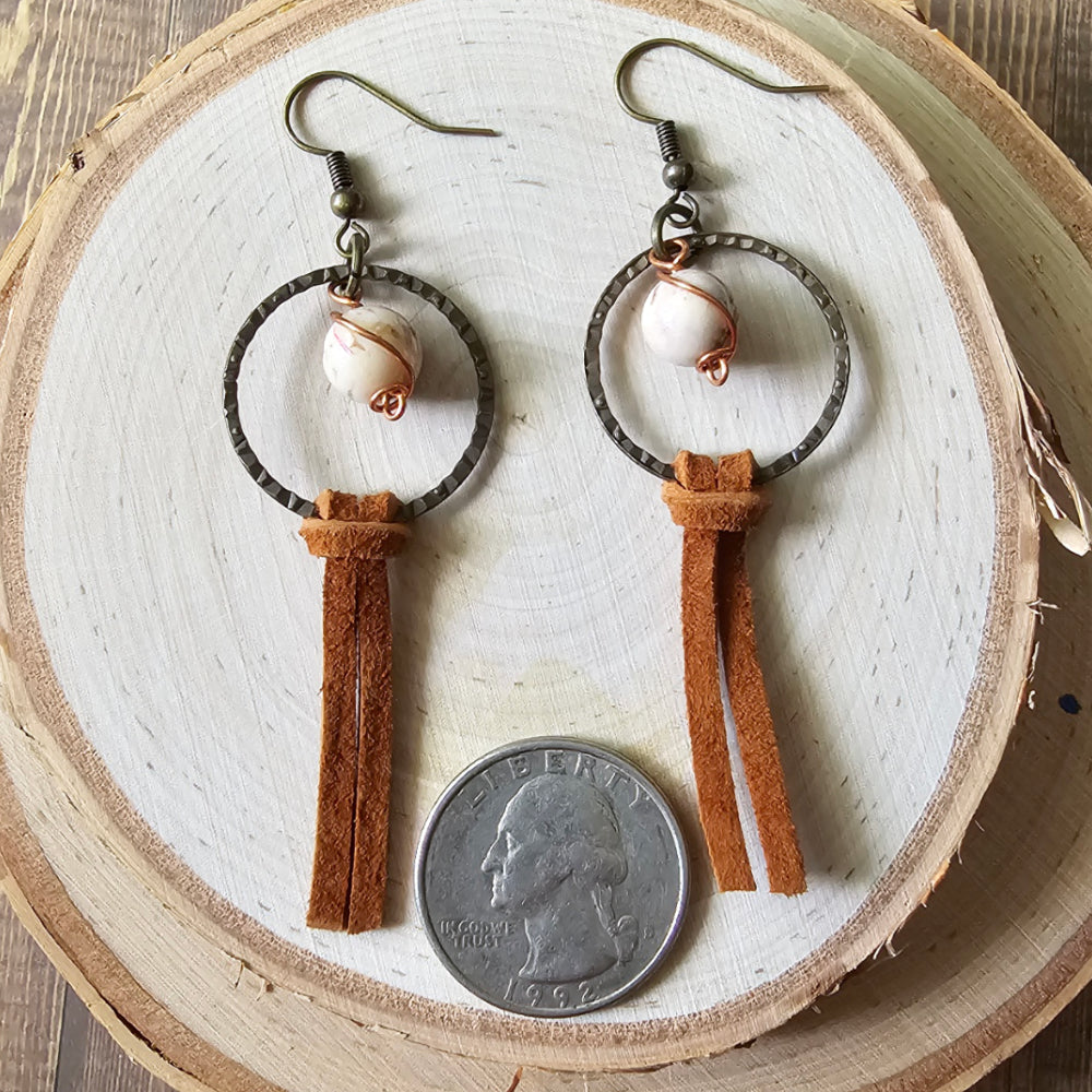 Zebra stone and leather earrings - $15.00 - Moon Cabin Creations