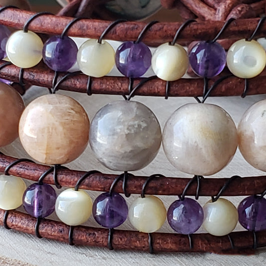Sunstone, amethyst, mother of pearl cuff bracelet - $50.00 - Moon Cabin Creations
