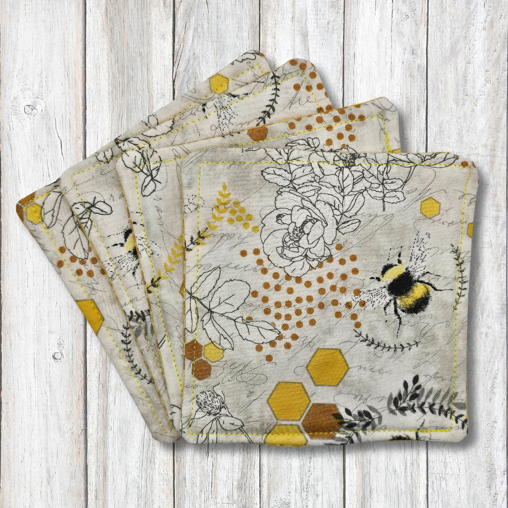 Bee and floral fabric coasters - Moon Cabin Creations