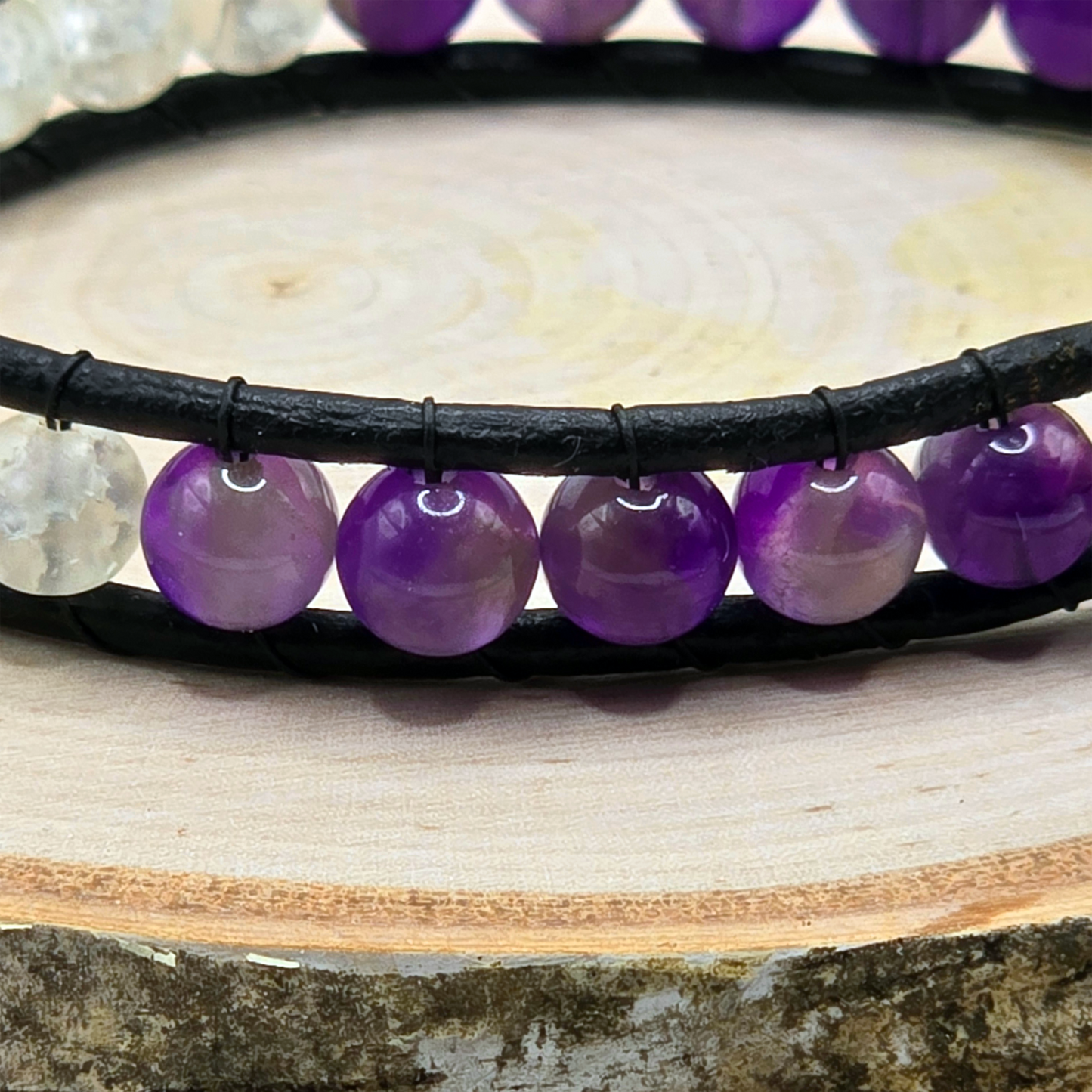 Amethyst and crackle quartz single wrap leather bracelet