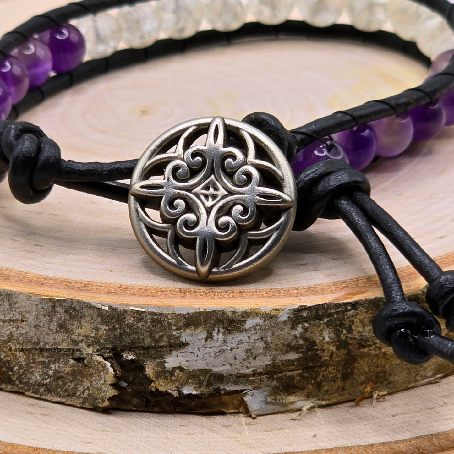 Amethyst and crackle quartz single wrap leather bracelet