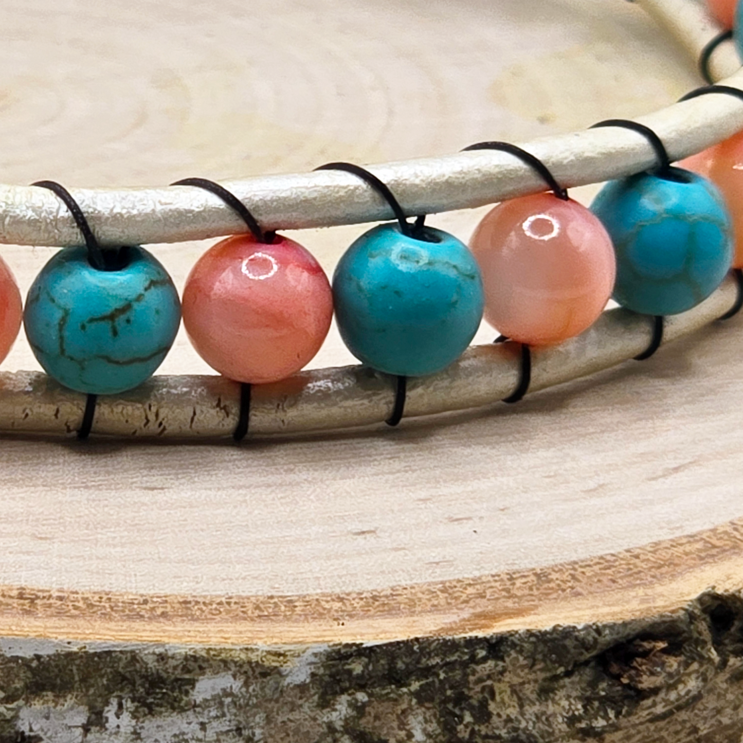 Pink shell and dyed turquoise howlite single wrap leather bracelet