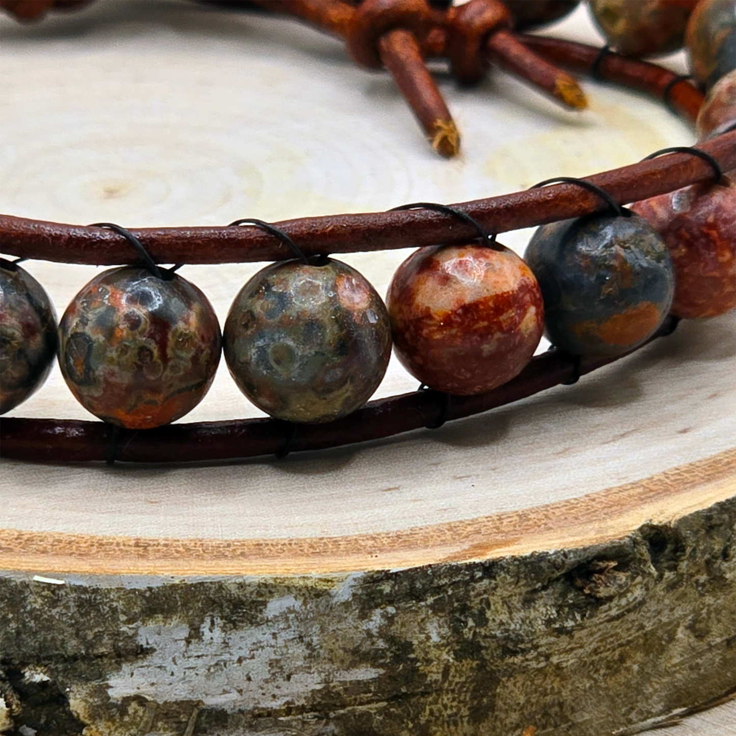 Leopard jasper single wrap leather bracelet