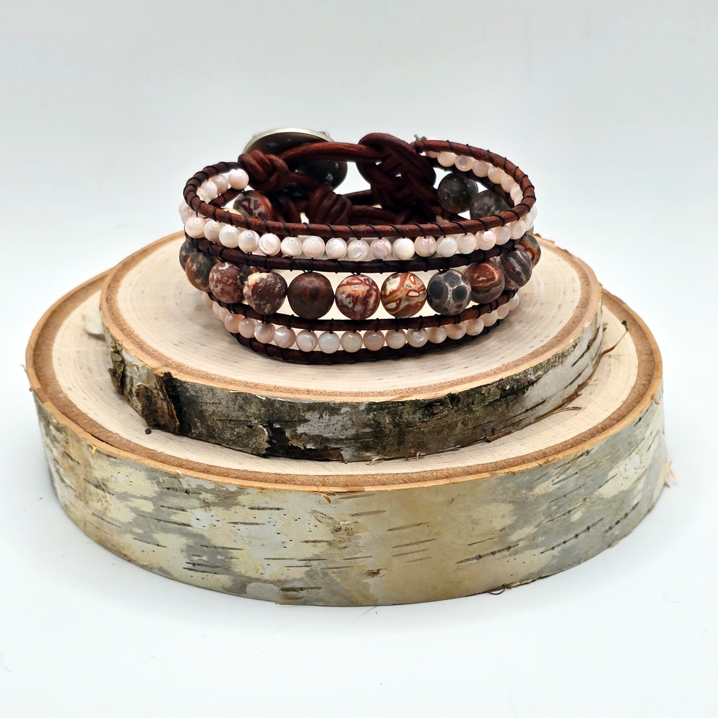 Leopard jasper and mother of pearl leather cuff bracelet