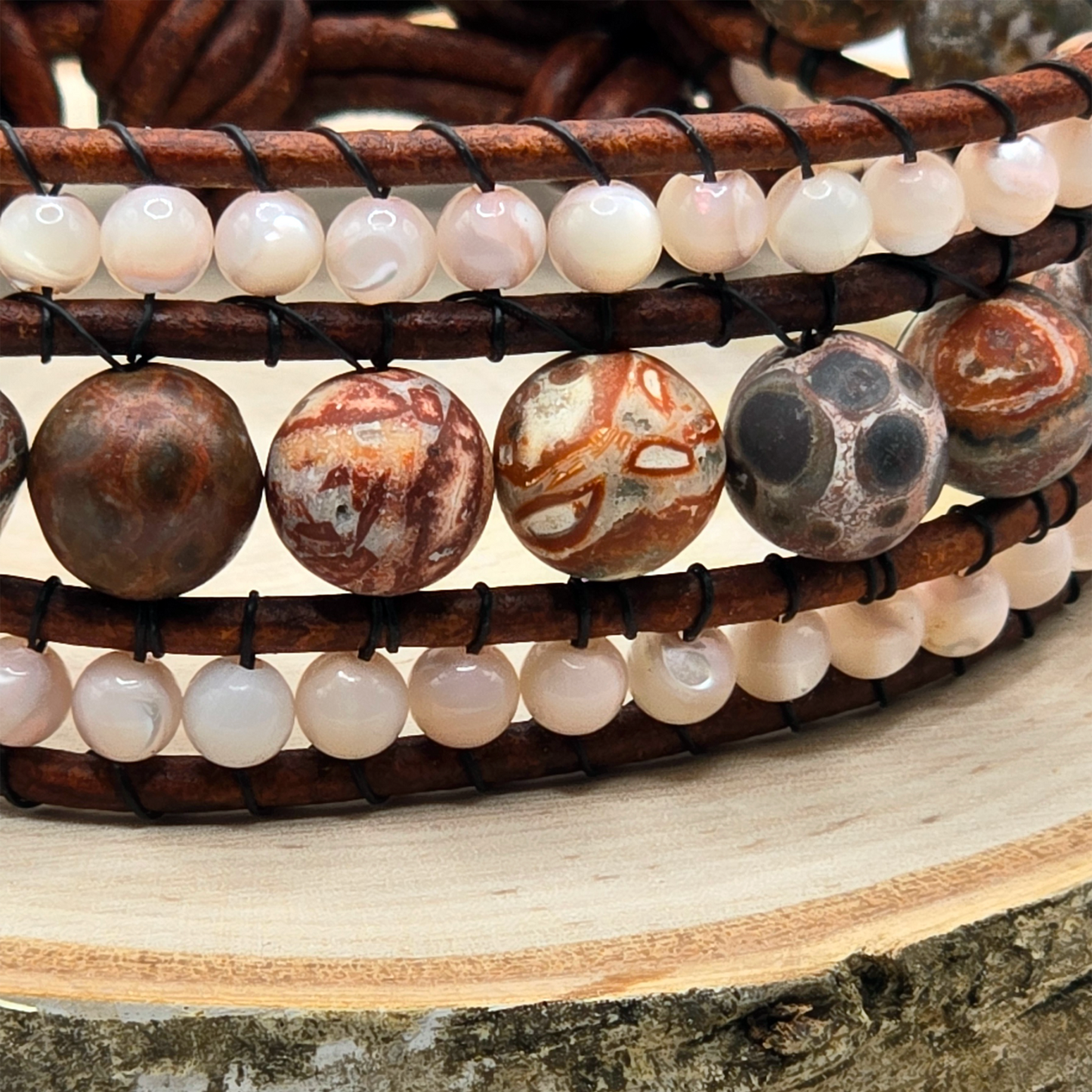 Leopard jasper and mother of pearl leather cuff bracelet