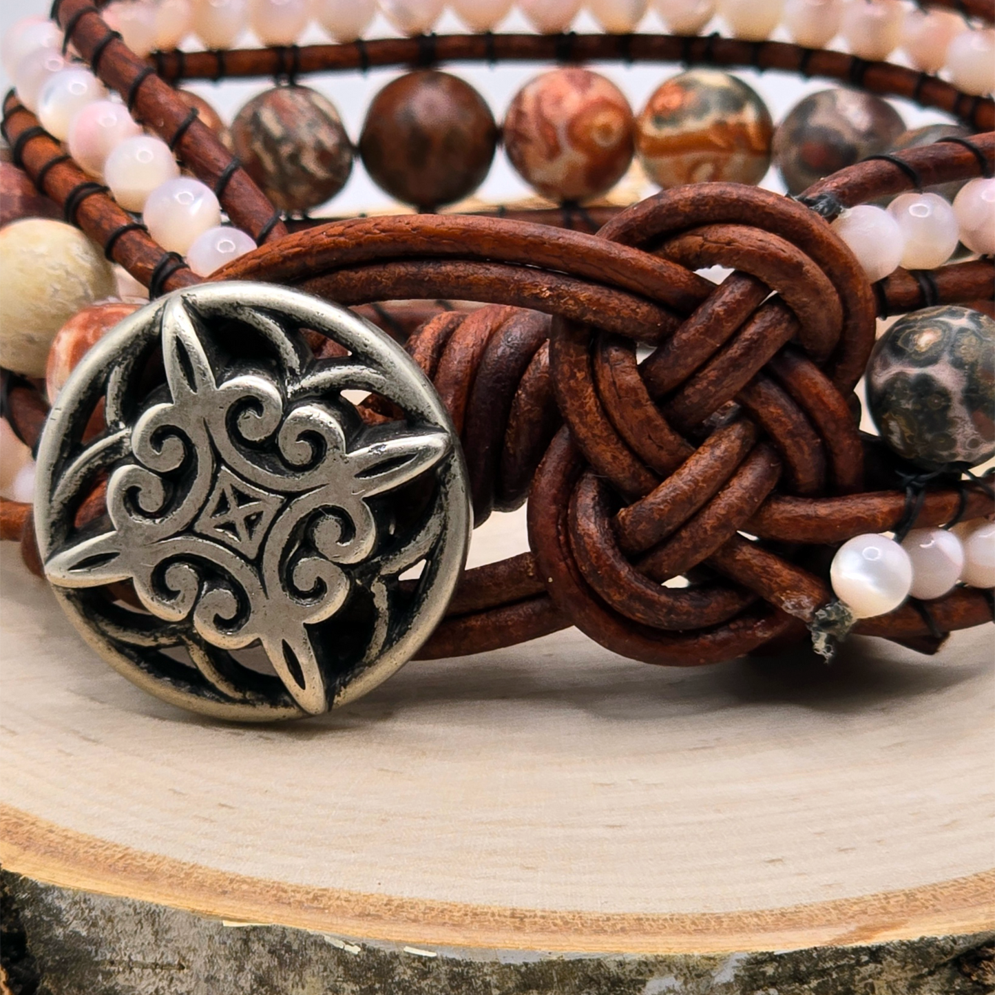 Leopard jasper and mother of pearl leather cuff bracelet