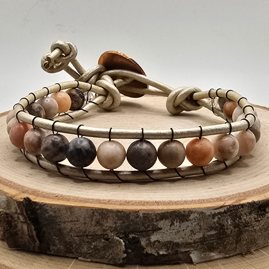 Zebra stone and silvertone leather single wrap bracelet