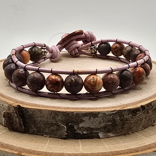 Men's leopard jasper single wrap leather bracelet