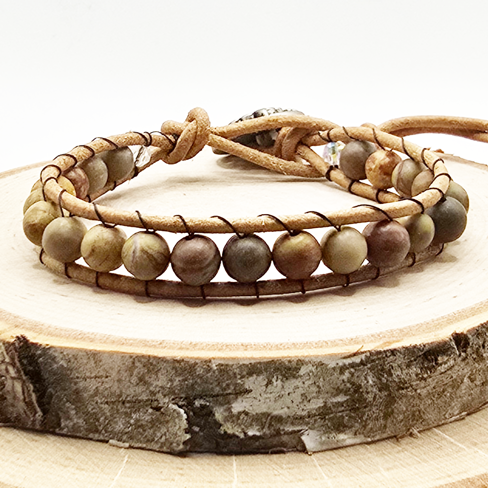 Chinese rainbow jasper single wrap leather bracelet