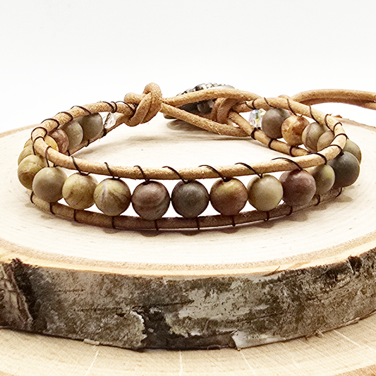 Chinese rainbow jasper single wrap leather bracelet