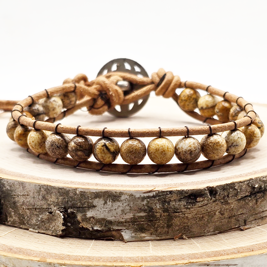 Picture jasper single wrap leather bracelet