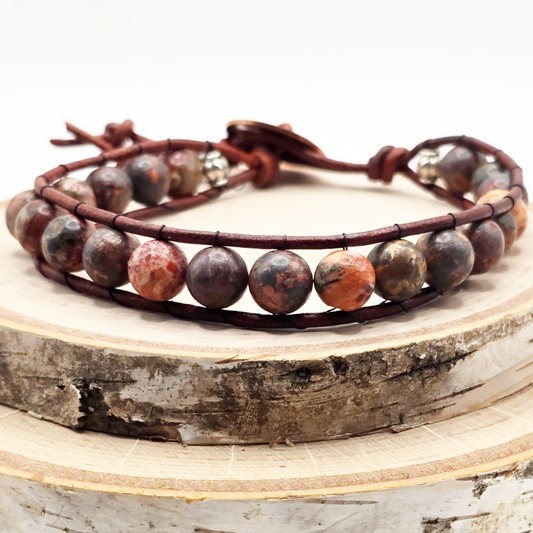 Men's leopard jasper single wrap leather bracelet