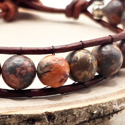 Men's leopard jasper single wrap leather bracelet