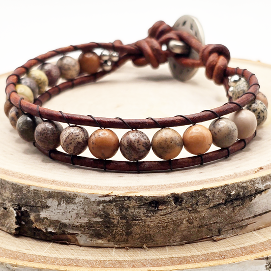 Picture jasper single wrap leather bracelet