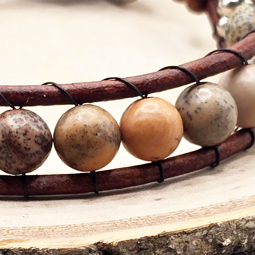 Picture jasper single wrap leather bracelet