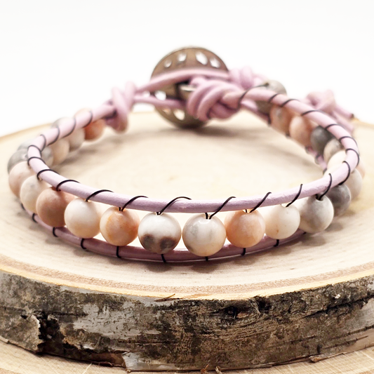 Pink zebra stone single wrap leather bracelet