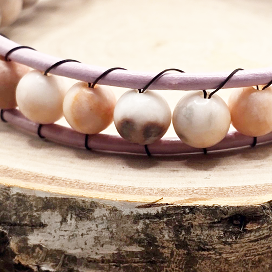 Pink zebra stone single wrap leather bracelet