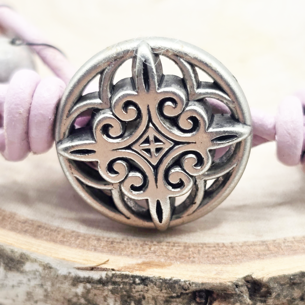 Pink zebra stone single wrap leather bracelet