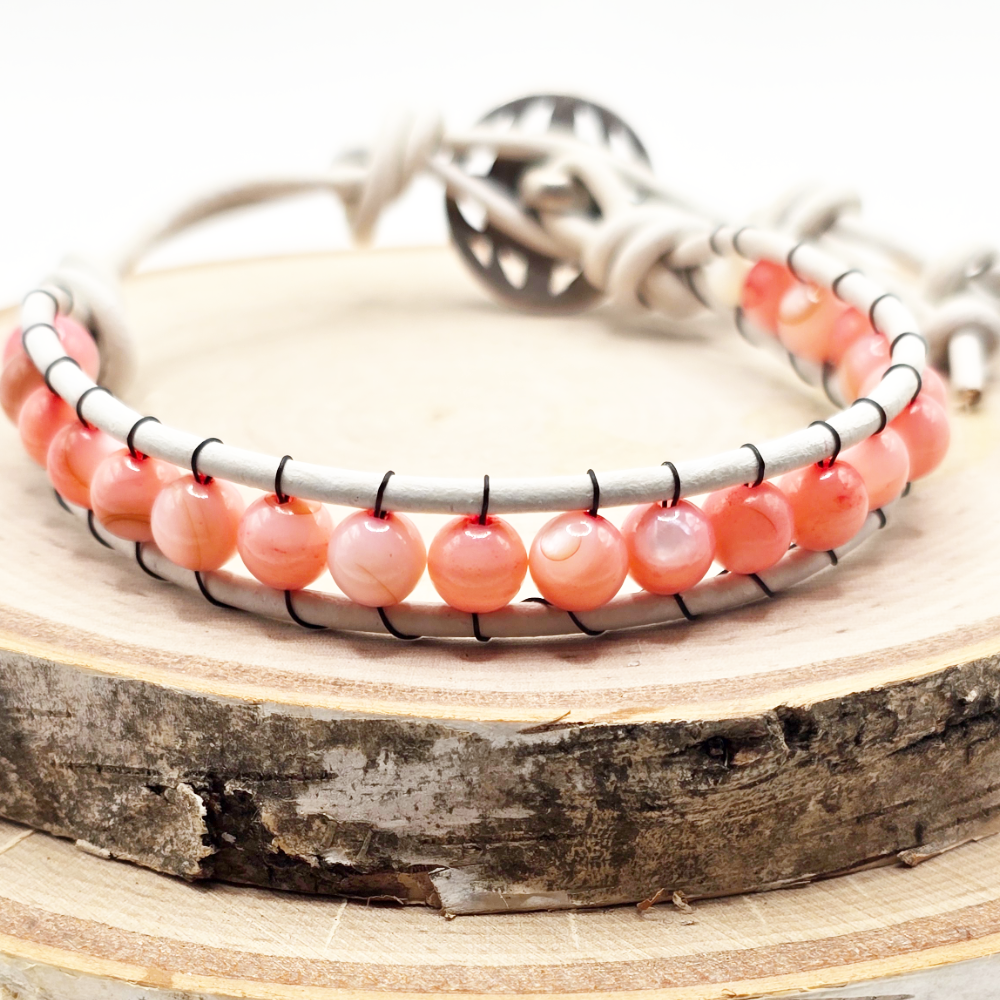 Pink shell single wrap leather bracelet