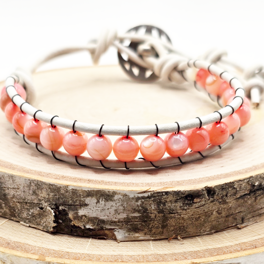 Pink shell single wrap leather bracelet
