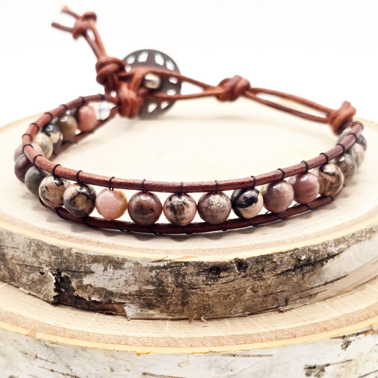 Rhodonite single wrap leather bracelet