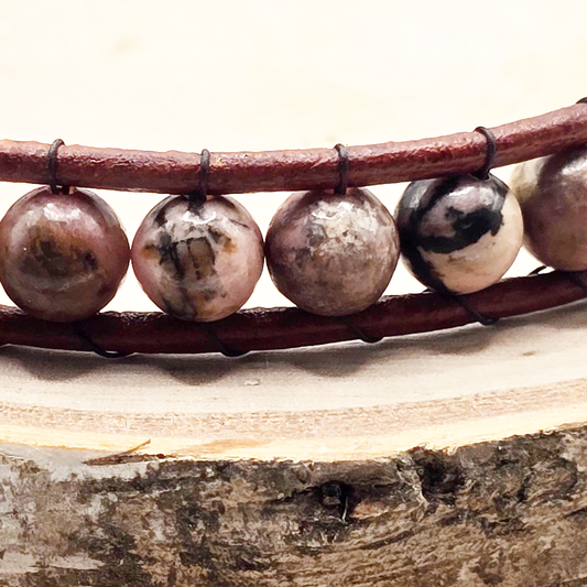 Rhodonite single wrap leather bracelet