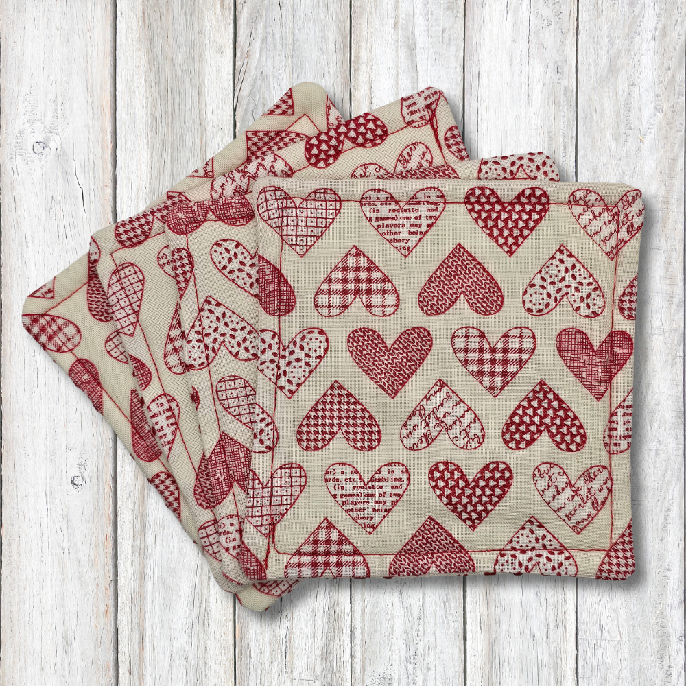 Red and white heart fabric coasters - Moon Cabin Creations