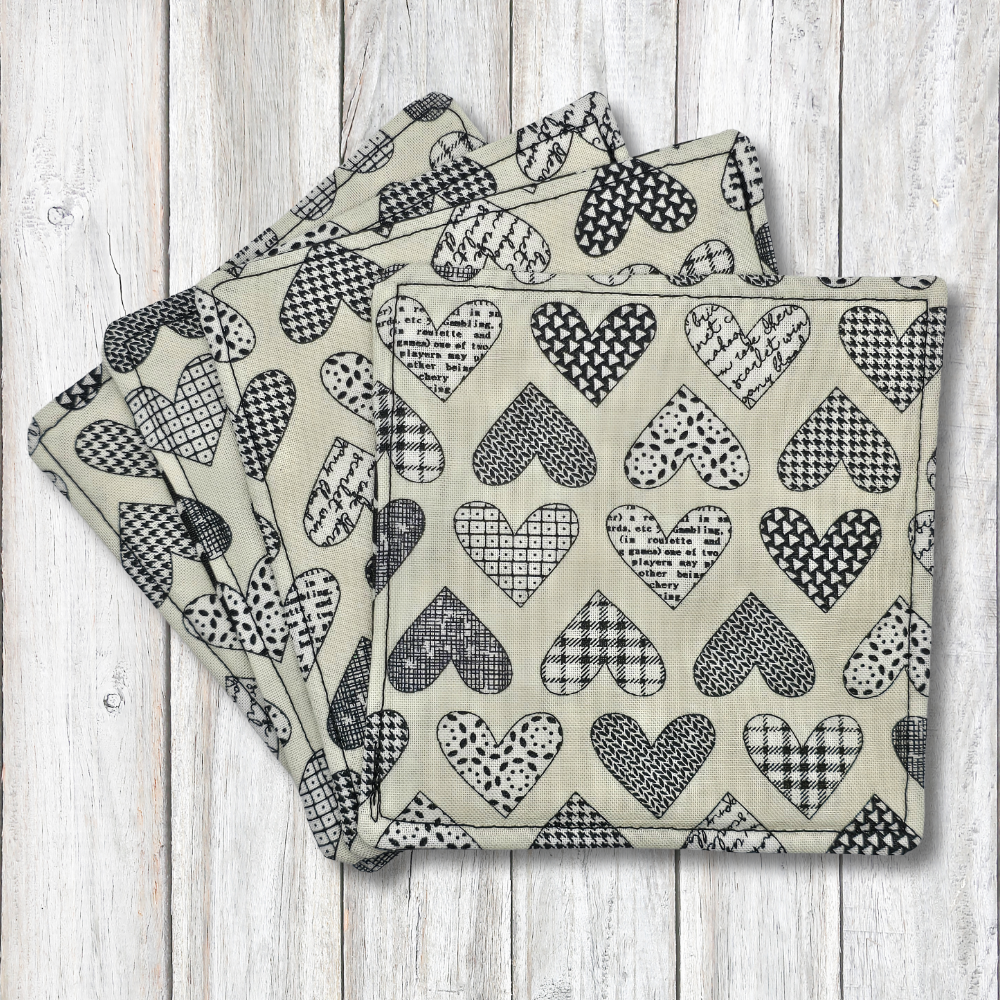 Black and white heart fabric coasters - Moon Cabin Creations