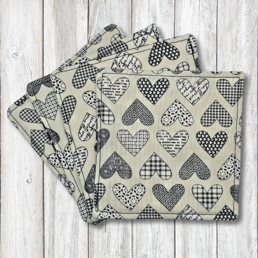 Black and white heart fabric coasters - Moon Cabin Creations
