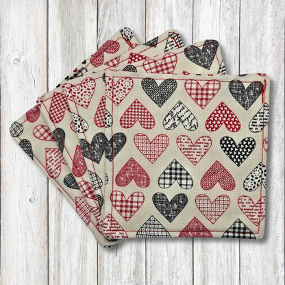 Red and black heart fabric coasters - Moon Cabin Creations