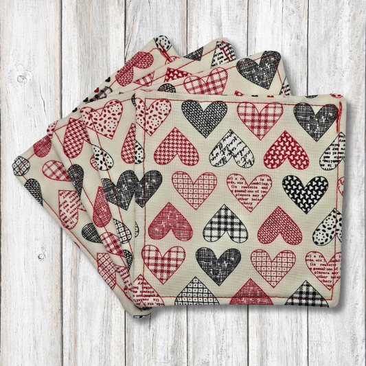 Red and black heart fabric coasters - Moon Cabin Creations