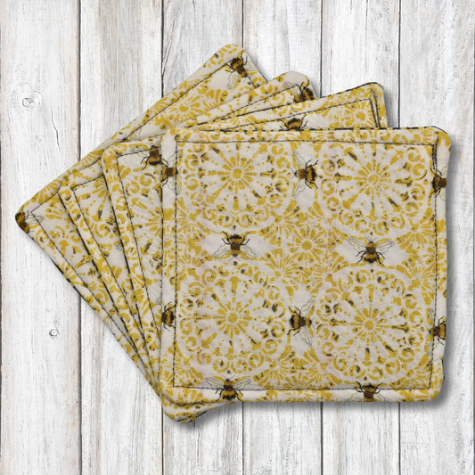Bee and medallion fabric coasters - Moon Cabin Creations