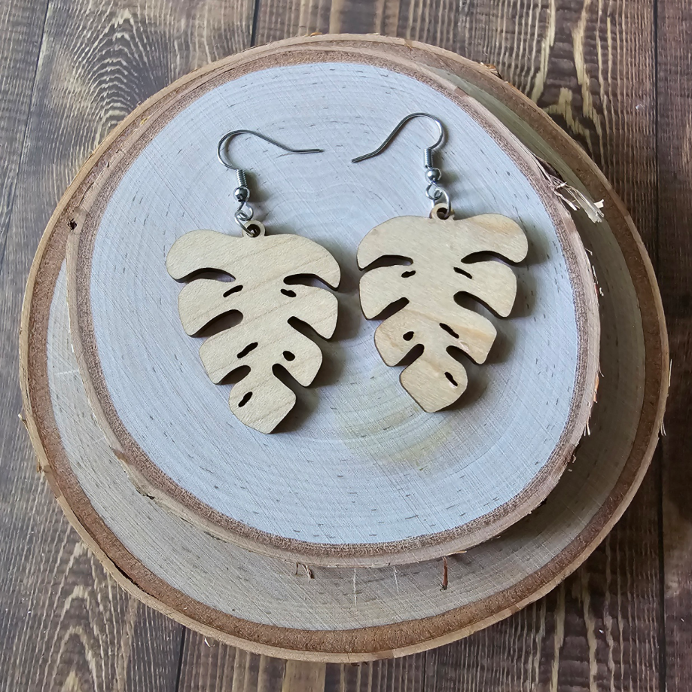 Hardwood monstera earrings, choice of maple or walnut