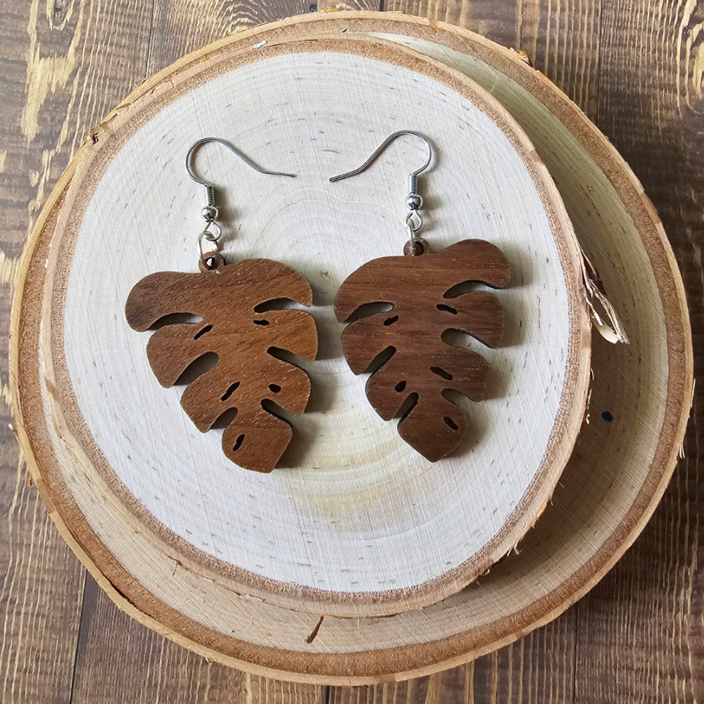 Hardwood monstera earrings, choice of maple or walnut