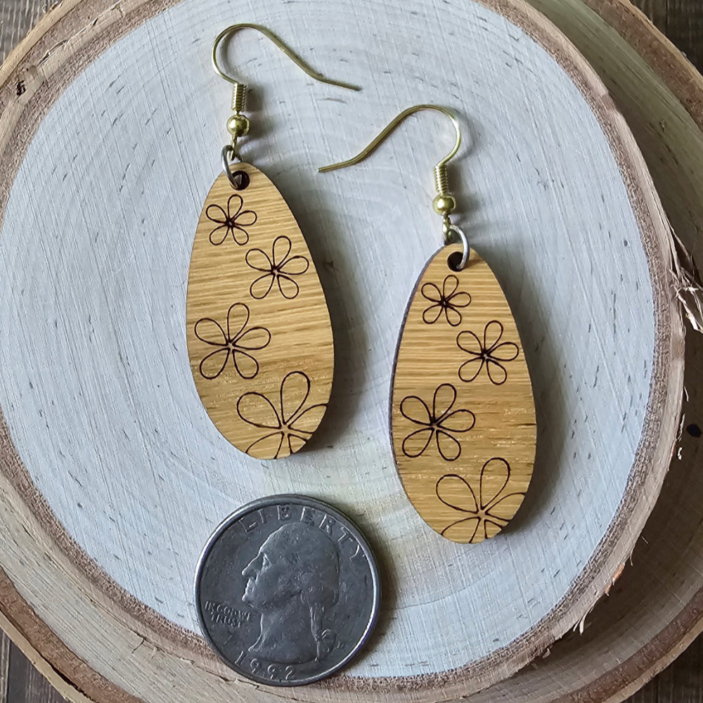 Red oak hardwood elongated tear drop floral earrings