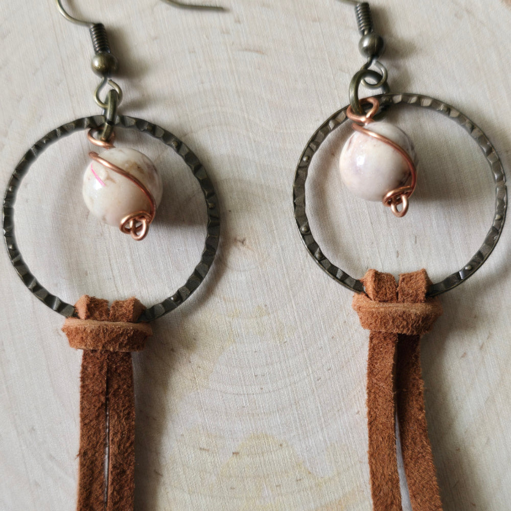 Zebra stone and leather earrings