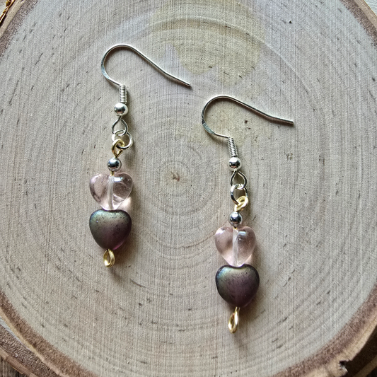 Iridescent purple and clear heart Czech dangle earrings