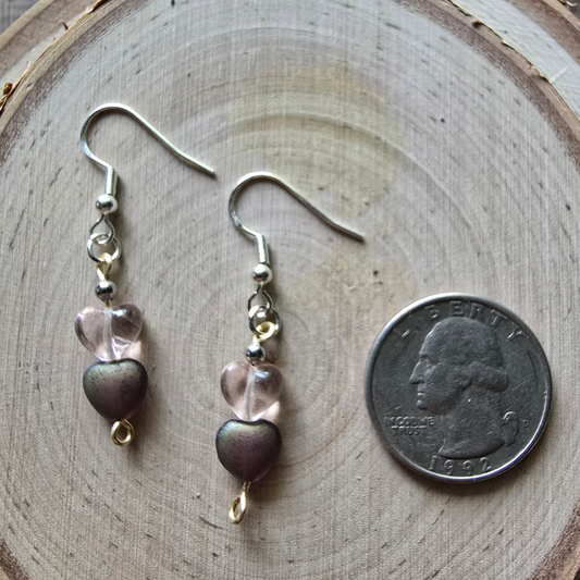 Iridescent purple and clear heart Czech dangle earrings