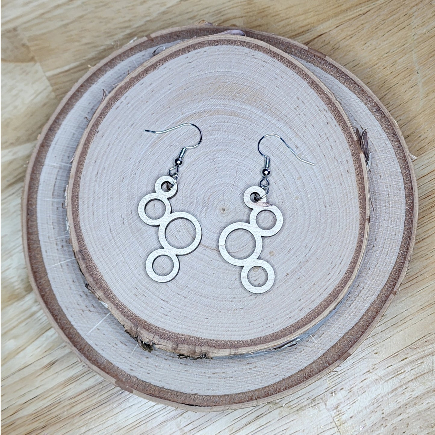 Circle geometric dangle earrings with nickel free ear wires, choice of walnut or maple