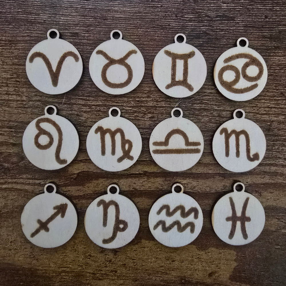 Wood laser engraved zodiac pendant