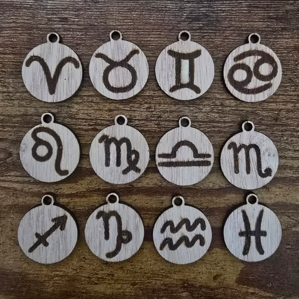 Wood laser engraved zodiac pendant