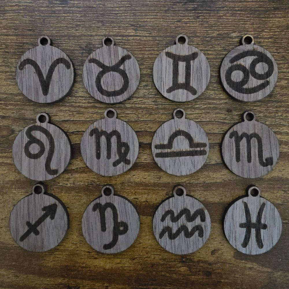 Wood laser engraved zodiac pendant